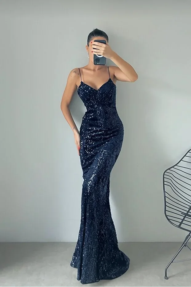 ADASTYLE Hanging Sequined Navy Velvet Dress, Trend, Special Occasion, Mermaid Evening Dress, Back Tie and Zip Closure