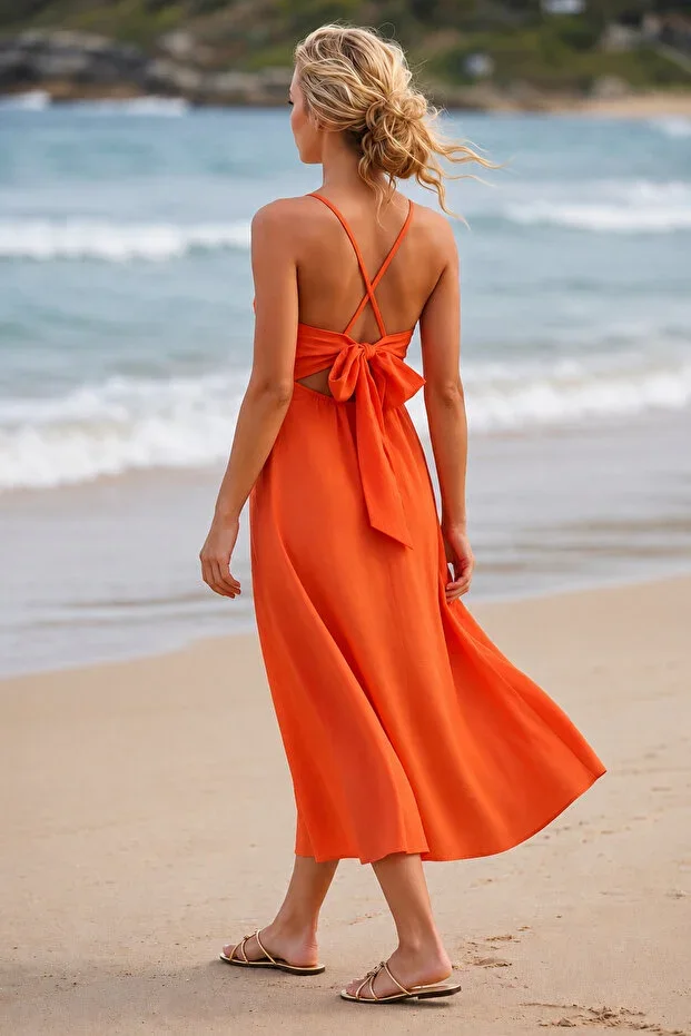 Women's Orange Spaghetti Strap Back Tie Detail Maxi Summer Dress ALC-X13471