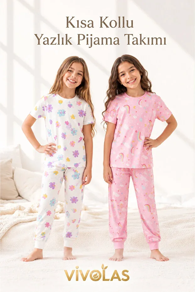 Girls' Short Sleeve 100% Cotton Pajama Set Summer Relaxed Fit (3-13 Years)