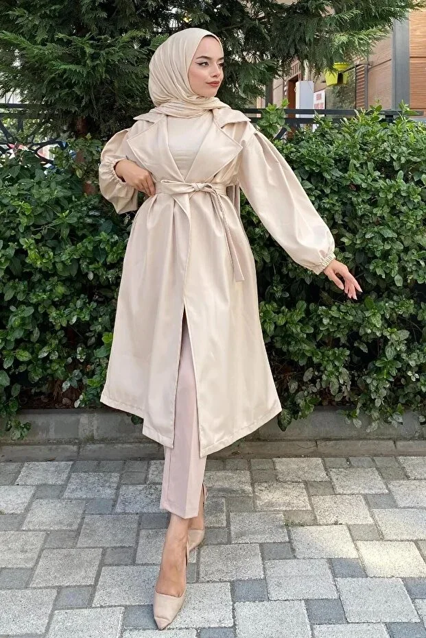 Waist-Tied Cream Balloon Sleeve Trench