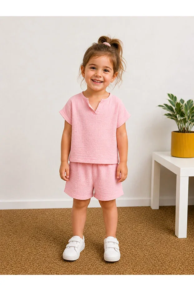 Girls Pink Muslin Shorts Set