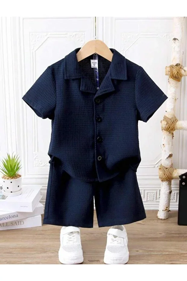 V Neck Shirt Detailed Cotton Waffle Shorts Set-Navy