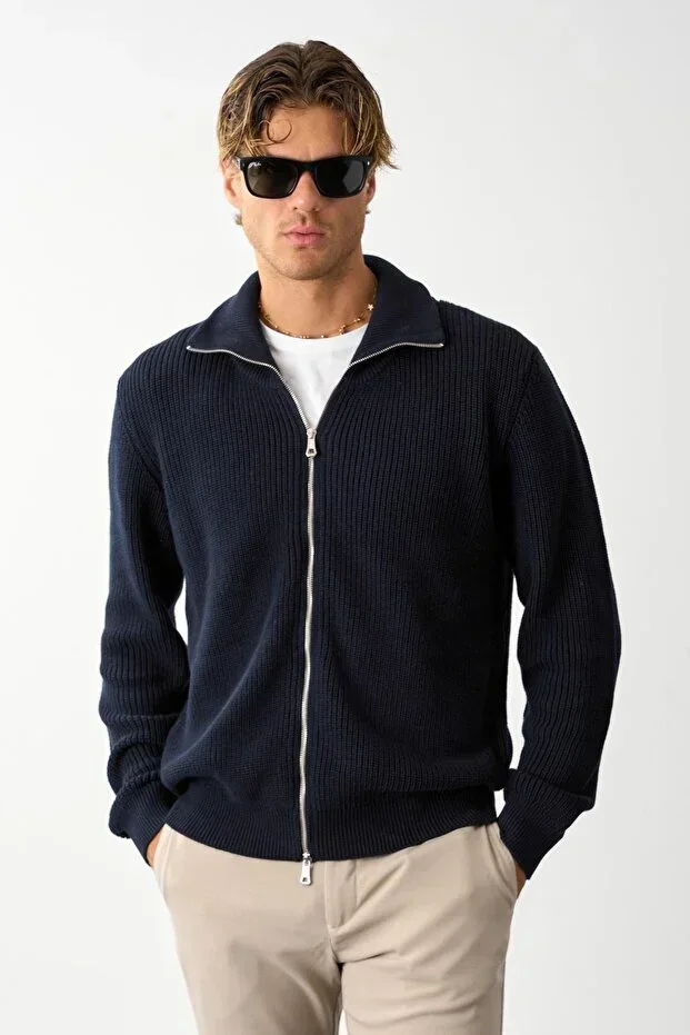 Men's Regular Fit Ribbed Knit Cotton Zip-Up Navy Blue Cardigan