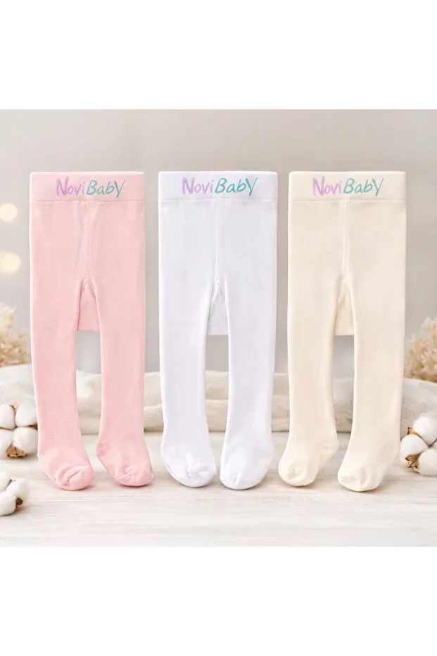 3-Piece Baby Cotton Tights, Children Newborn Cotton Girl Boy School Socks, White Ecru Pink