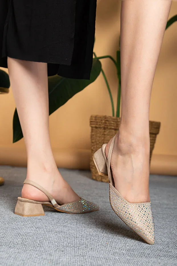 Women's Beige Suede Stone Detailed Pointed Toe Backless Shoes