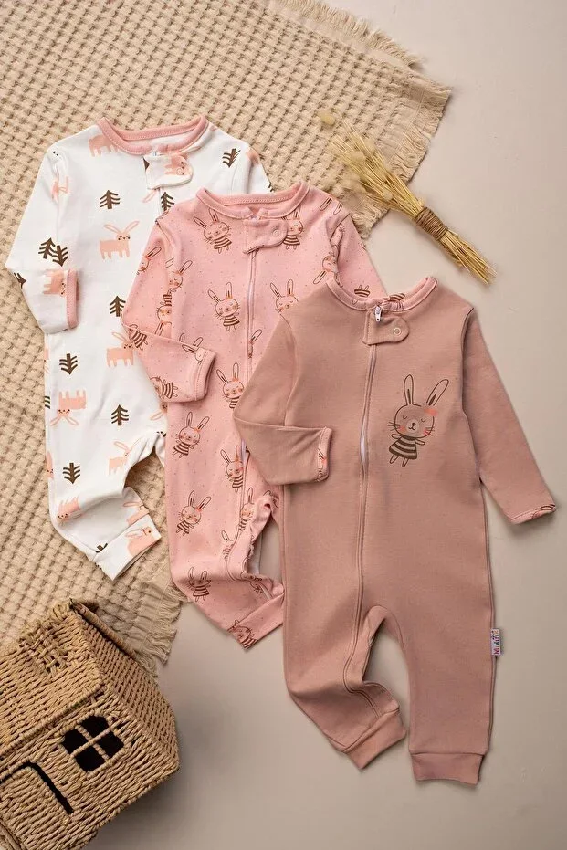 100% Cotton Baby Girl 3-Piece Footless Bodysuit Set Rabbit Patterned
