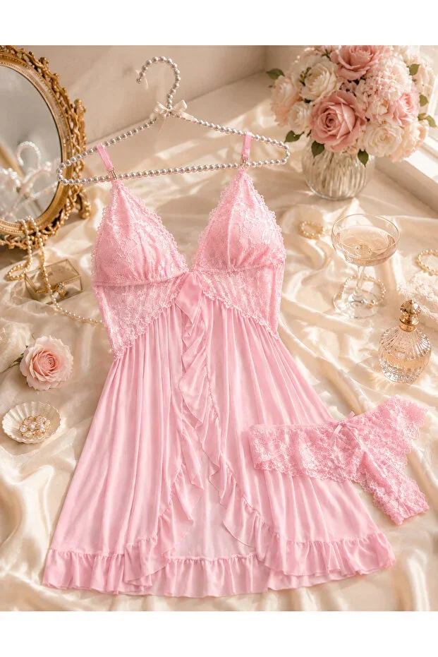 Women's V-Neck Rose Pink Lace Detailed Lycra Tulle Strap Nightgown with Thong Gift