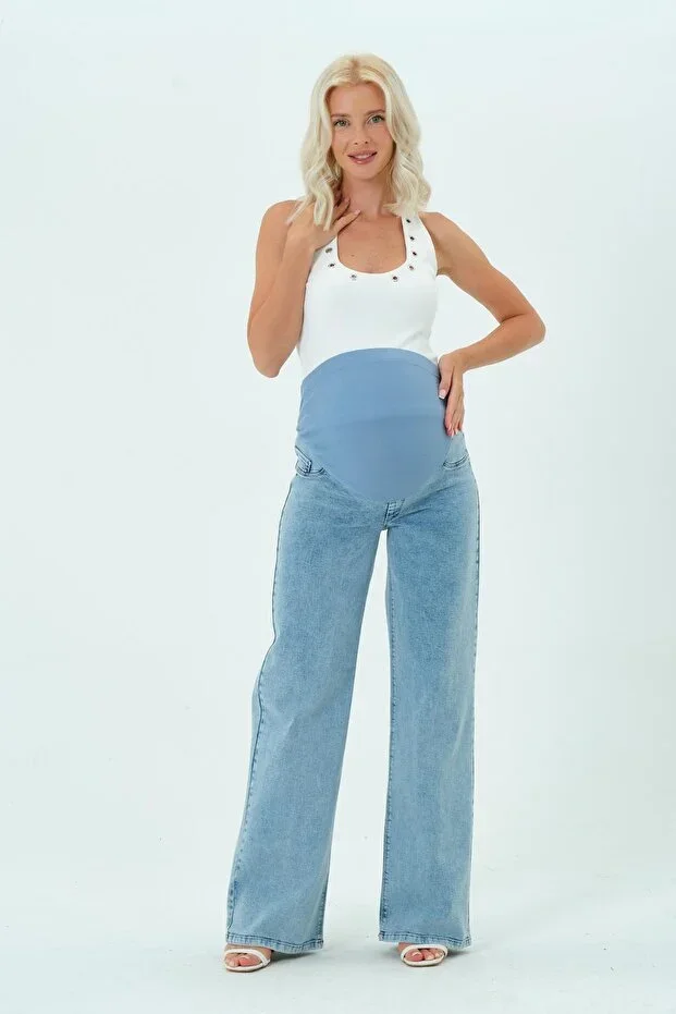 BUSA Loose Fit Wide Leg Jeans with Flexible Back Support Belt for Pregnant Belly - LIGHT BLUE