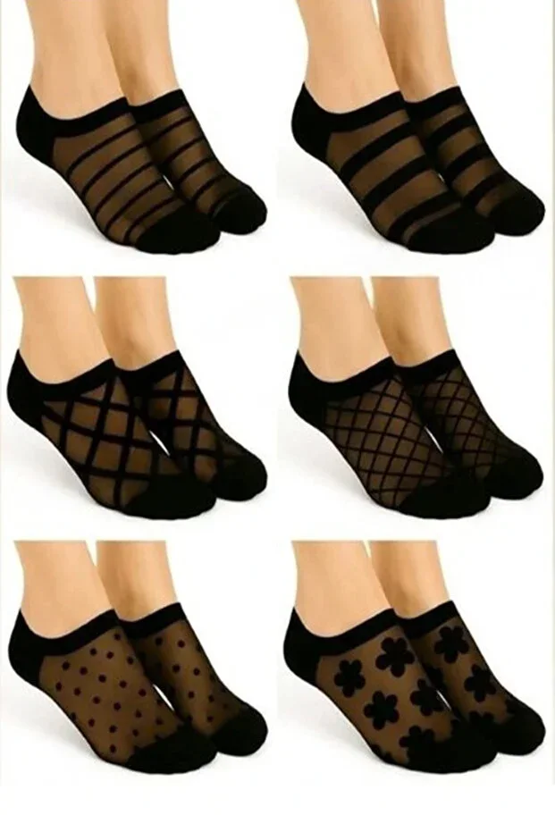 6 Pairs Women's Black Patterned Tulle Ankle Socks Set