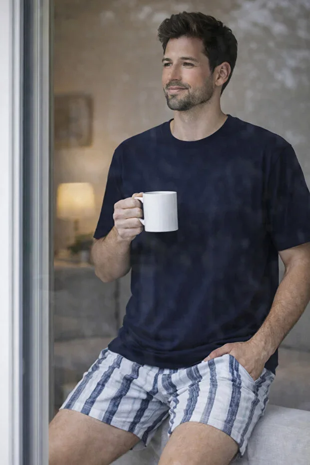 Men's Cotton Short Sleeve Striped Pocketed Shorts Pajama Set
