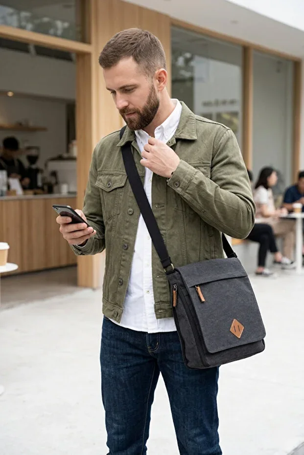 Gk14 Canvas (cotton) Postman Straight Cross Bag Black