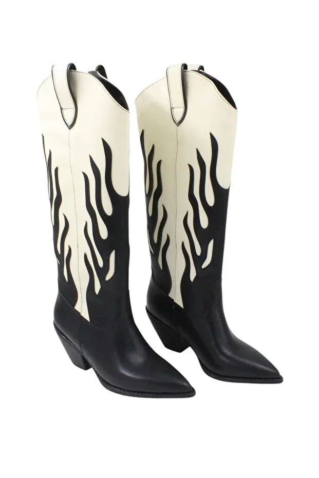 277 1141 Women's Cowboy Boot BLACK WHITE LEATHER