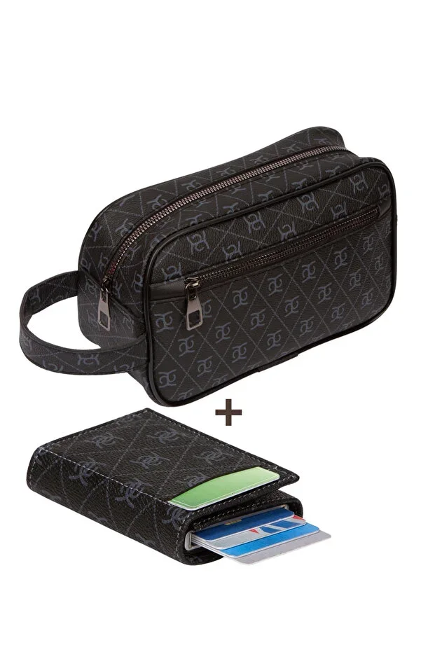 Patterned Portfolio Travel Handbag and Wallet Set with Mechanism