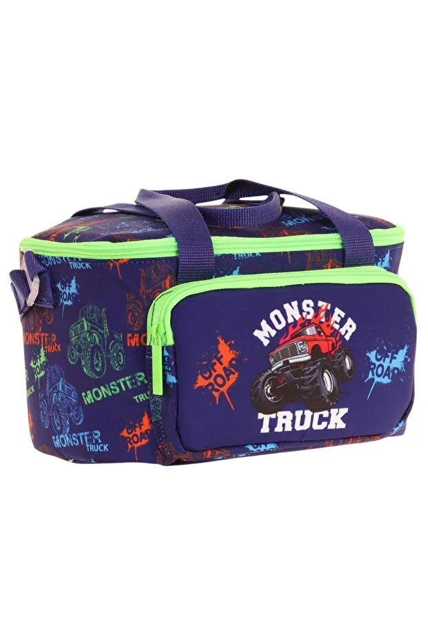 Kids Insulated Monster Truck Green Navy Lunch Bag L7279 (Two Compartments)