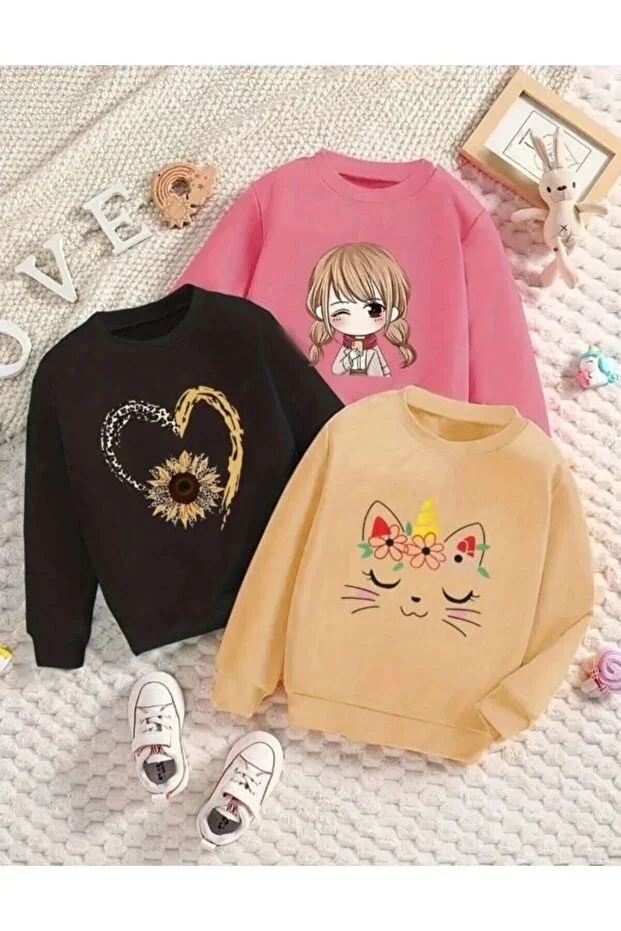3-Piece Kids Sweatshirt Set Pink Kids, Beige Smiling Cat, Black Heart Flower