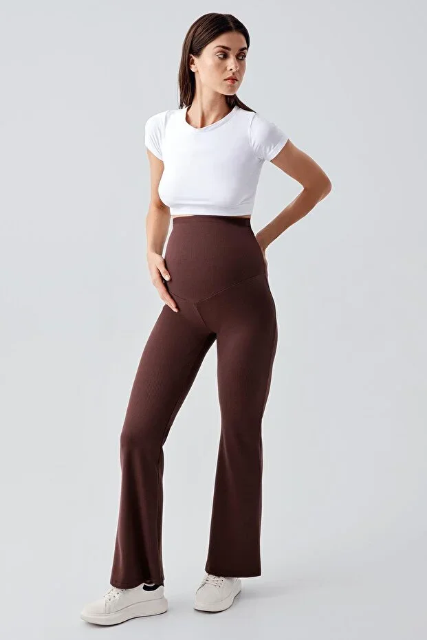 Ribbed Flare Leg High Waist Stretchy Shaping Maternity Leggings F09