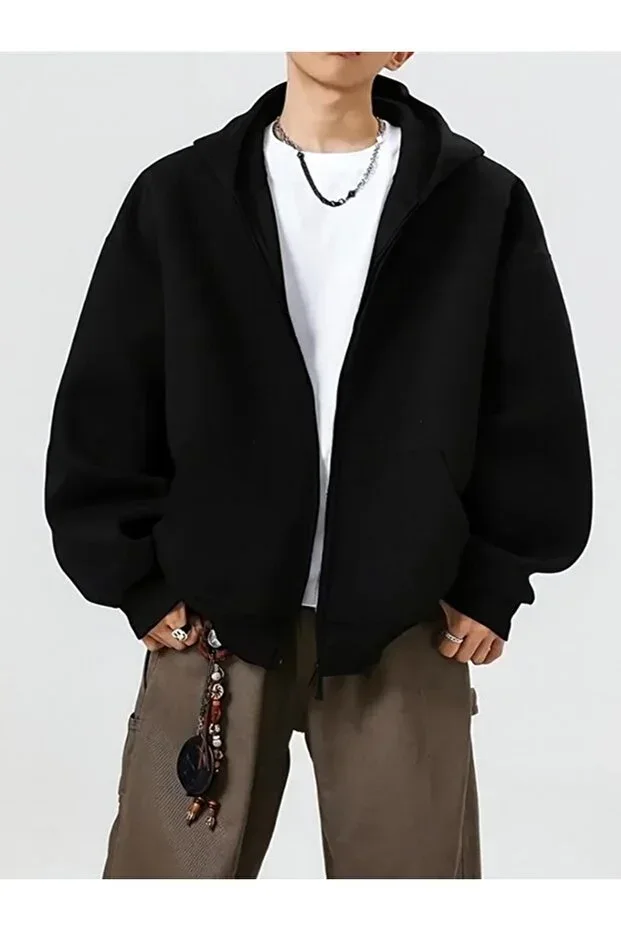 Men's Black Oversize Zippered Hoodie - Streetwear Hooded Cardigan