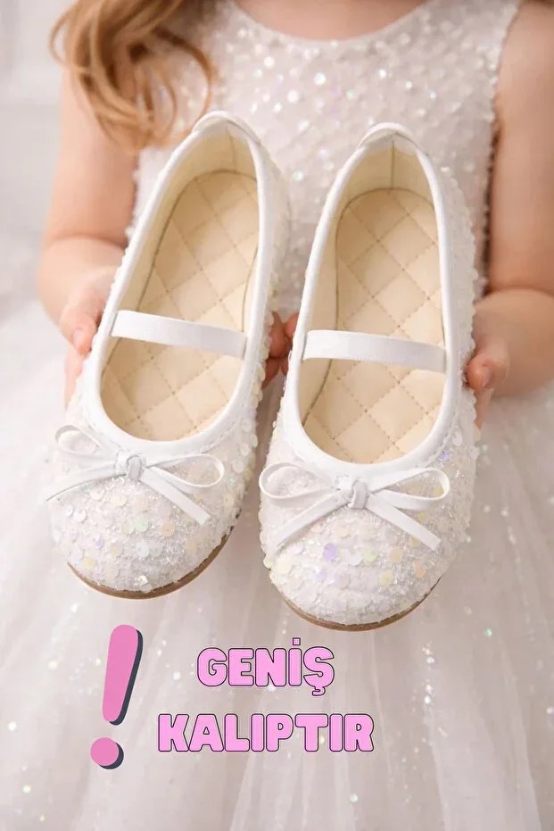 Girls' Sequined Glittery Ballet Flats - Elastic Comfortable Fit Bow Detail Casual and Special Occasion