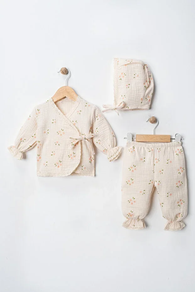 Organic Cotton Muslin 3-Piece Baby Set Double Layer Muslin Newborn Set – 100% Cotton Floral
