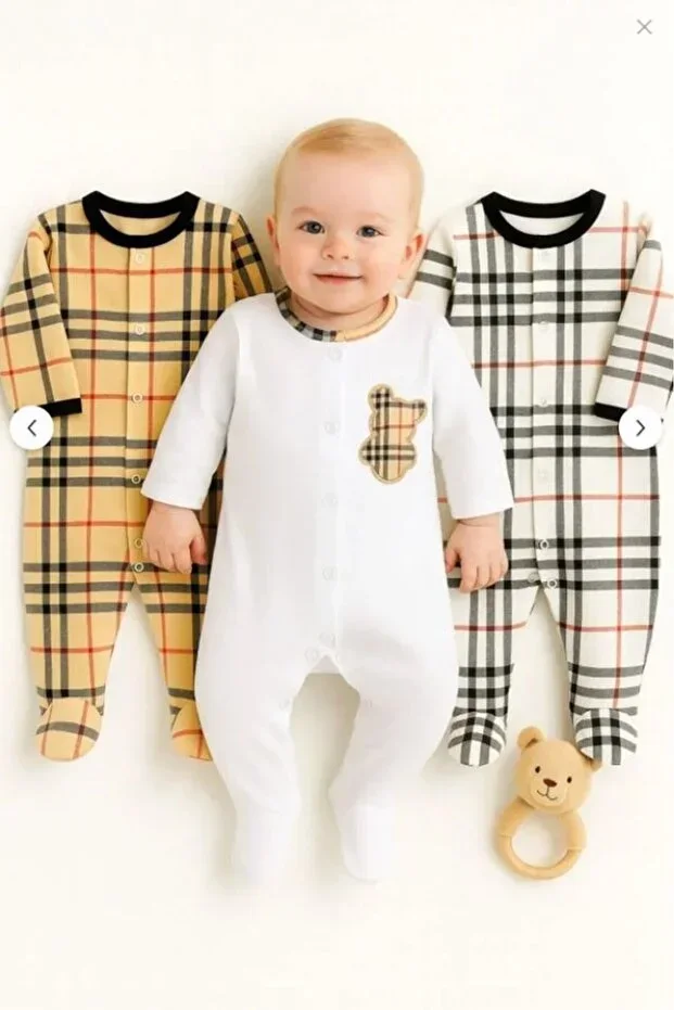 %100 Cotton Colorful Striped Teddy Bear Patterned 3-Piece Footed Romper (GIRL - BOY - NEWBORN)