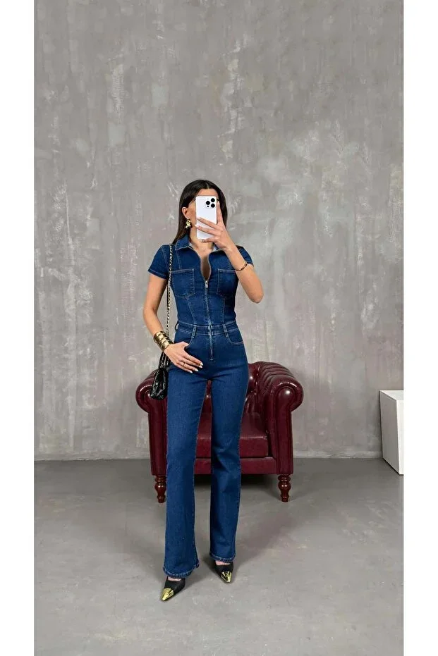 Milen Blue Zippered Gabardine Jumpsuit GAUS-01255