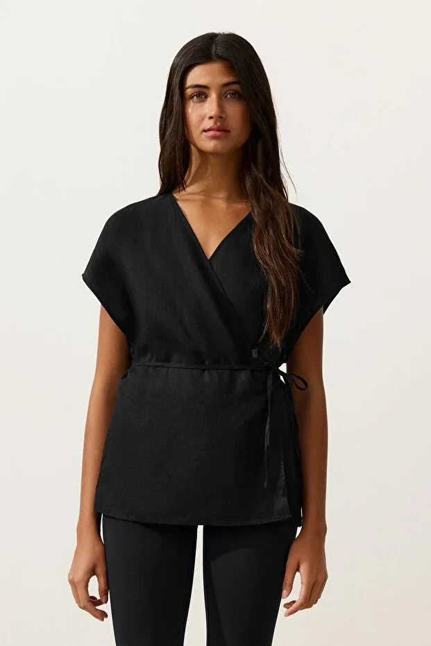 Oysho 100% Linen Crossover Tie Shirt