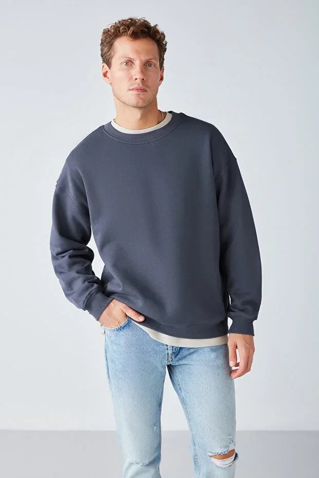 GRIMELANGE Stephan Men's Soft Fabric Organic Cotton Oversize Fit Round Neck Anthracite Sweatshirt