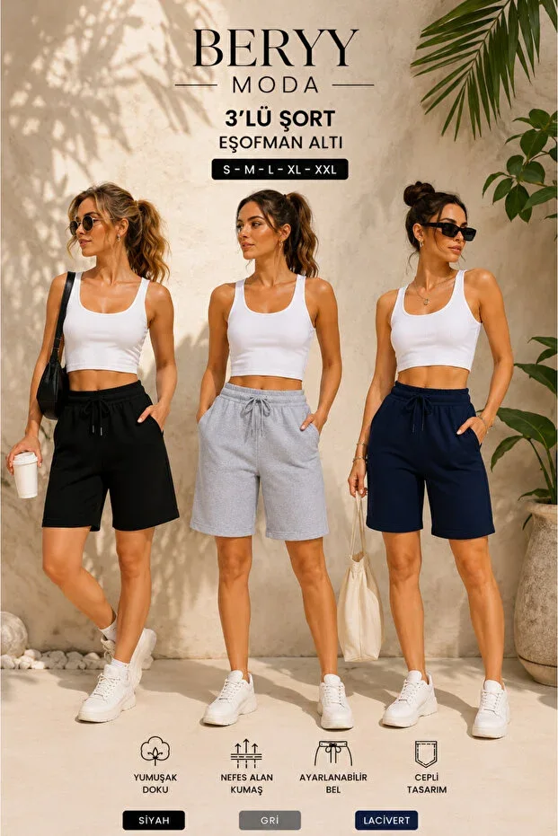 BERYY MODA Effortless and comfortable daily elegance with a three-piece shorts pack in Black, Grey, and Navy.