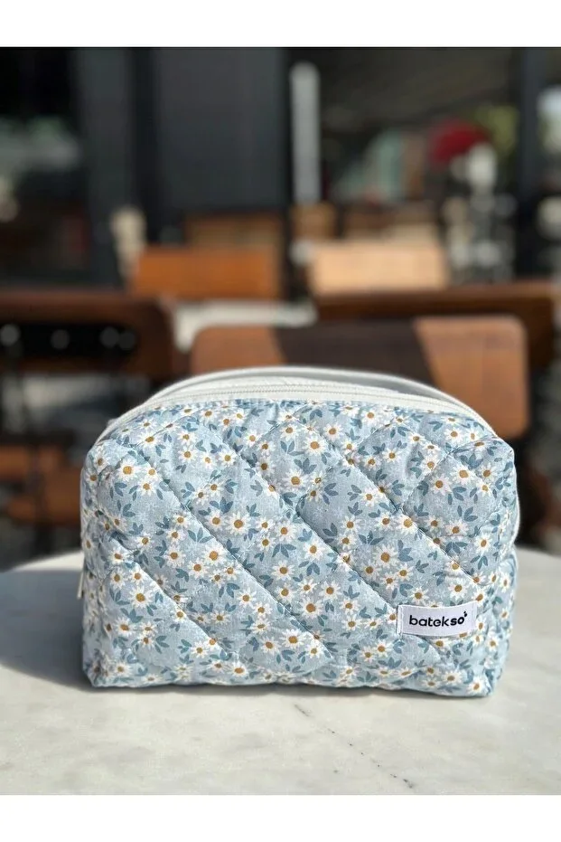 Blue Daisy Patterned Makeup Bag - Large Size