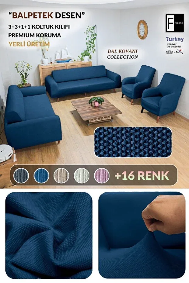 Honeycomb 3+3+1+1 petrol blue elasticated sofa cover | elasticated seat cover | seat cover set