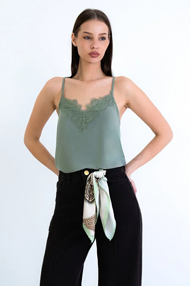 Green Strap Front Lace Detail Woven Blouse ALC-X15159