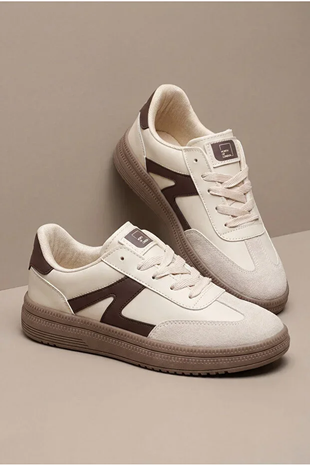 Women's Beige Coffee Relaxed Fit Rubber Sole Lace-Up Sneaker