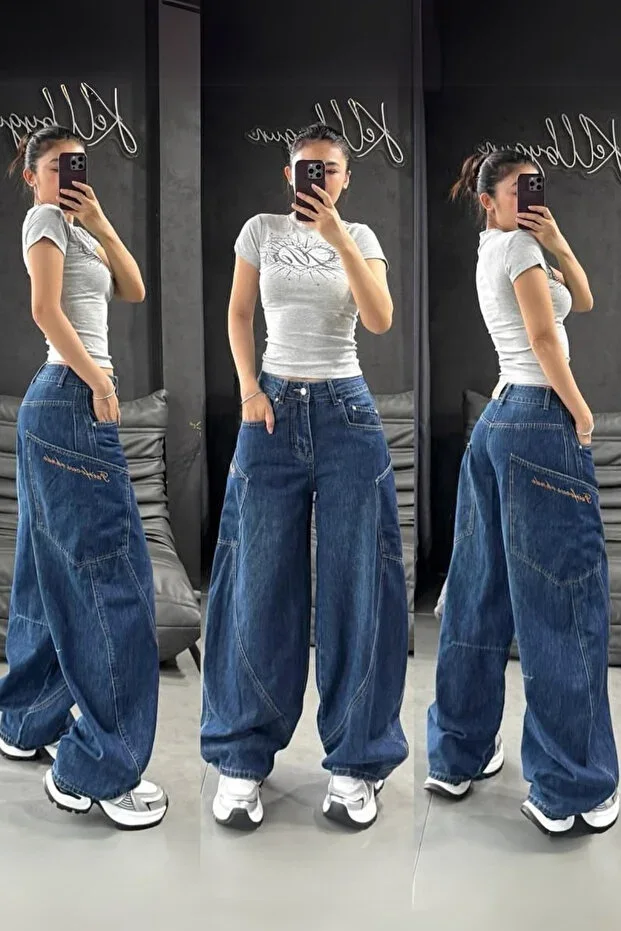 Köstebek Navy Blue Kangaroo Pocket Loose Baggy Jeans