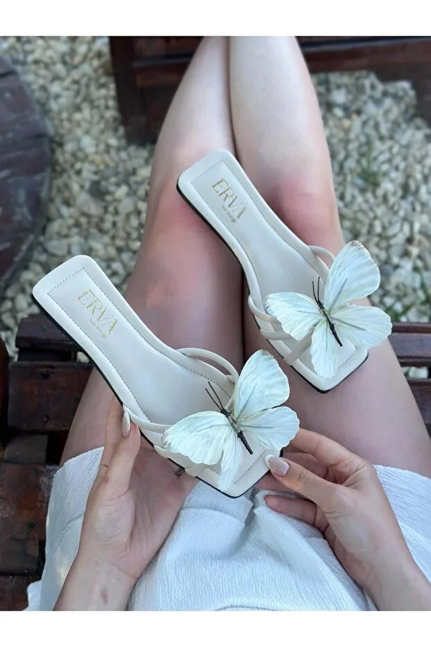Bej Leather (Aisha) Beige Butterfly Detail Women's Slippers