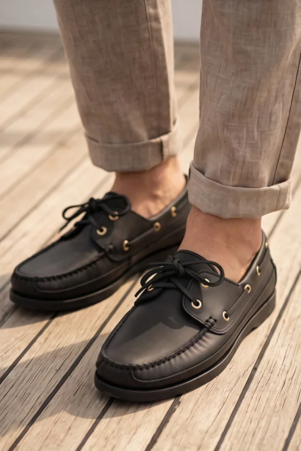 Royal Marine Black Premium Leather Men's Loafer - Handmade Special Design Classic Boat Shoe (Boa