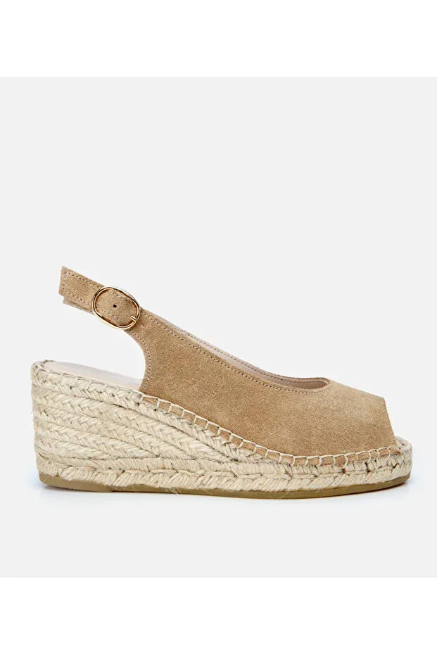 Women's Suede Leather Mink Woven Detailed Wedge Heel Sandals