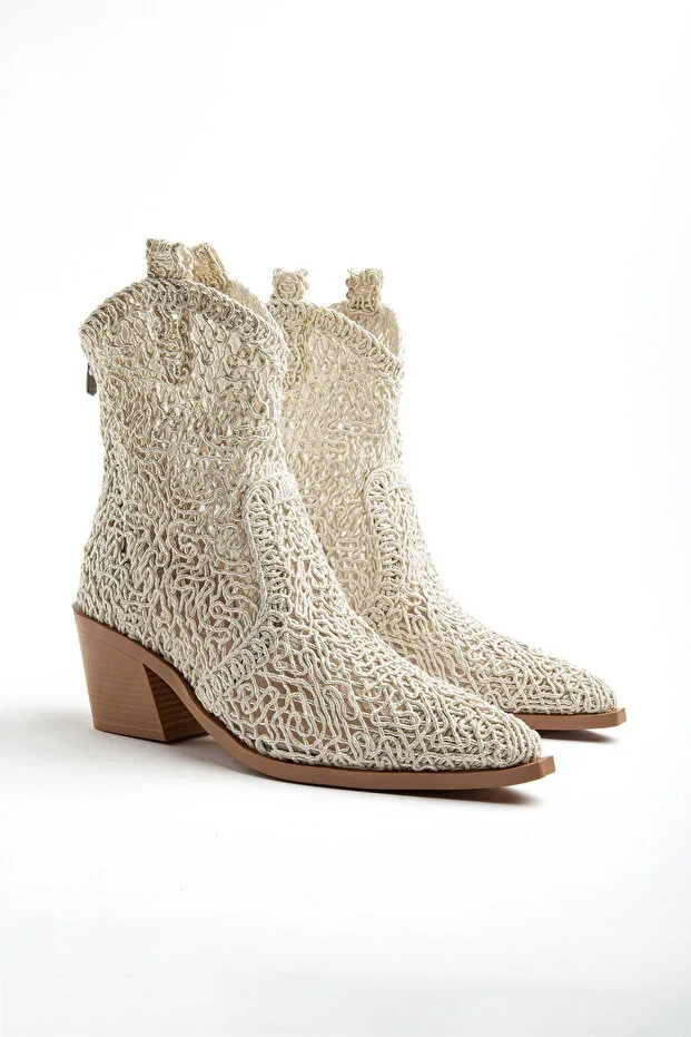 Bej Nude Cream Skin Lace Fabric Western Cowboy Short Summer Boot