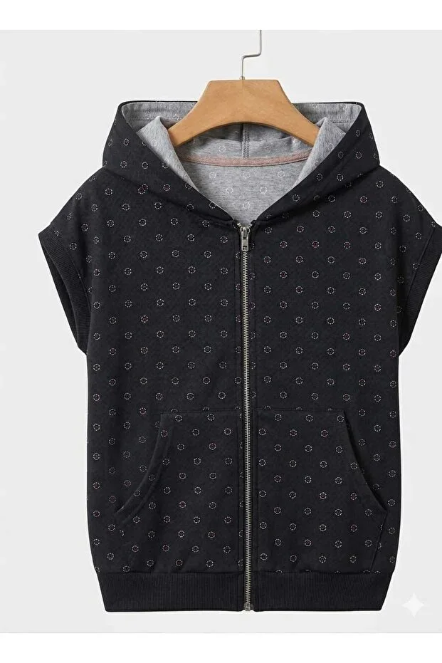LERİXMOD_SUMMER unisex women's kangaroo pocket hooded half zip batwing sleeve FLORAL PRINTED