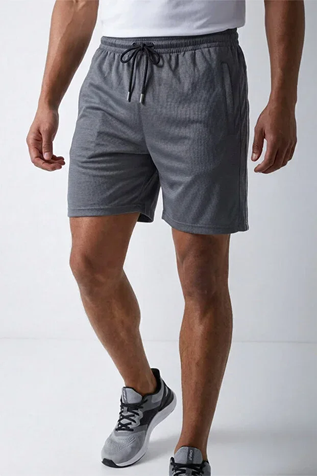 Men's Charcoal Breathable Quick-Drying Zippered Pocket Detailed Back Trimmed Shorts Patterned Fabric