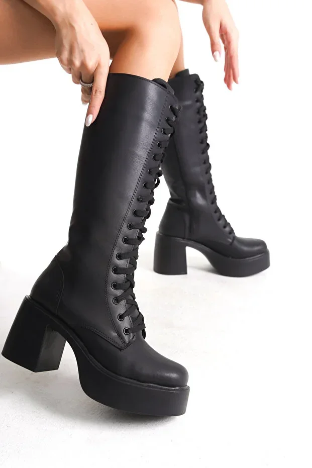 Thick High Heel Zippered Mid-Calf Plain Lace-up Black Women's Boots