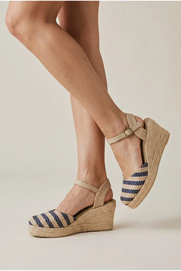 Natural Straw Black Striped Wedge Heel Shoes