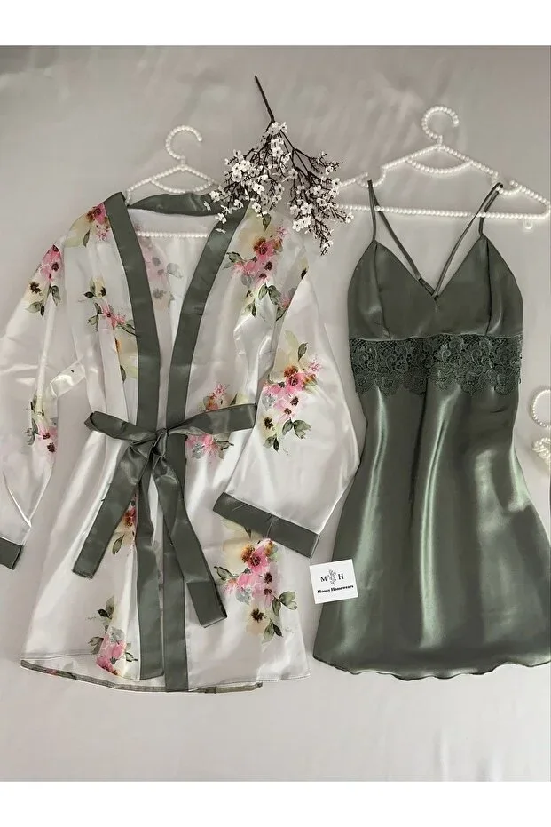 Satin Green Diamond Nightgown Robe Set