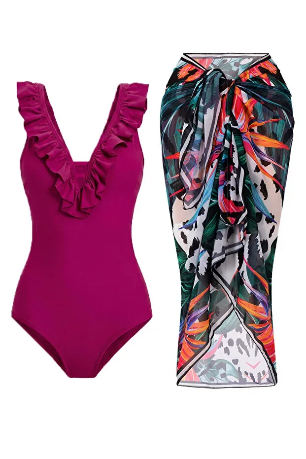 CUPSEA Slimming Effect Ruffled Front Fuchsia Swimsuit Lana Black Patterned Pareo 2-Piece Set