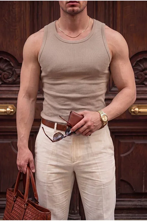 Men's Stone Colored Halter Neck Ribbed Lycra Tank Top