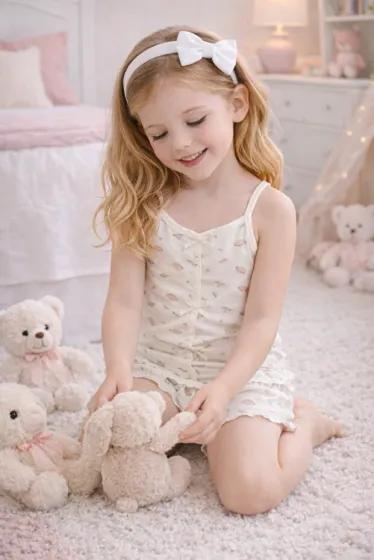 Kız Çocuk Pamuklu Desenli Fiyonklu Askılı Şortlu Pijama Takımı