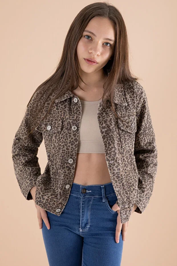 Coffee Leopard Print Girl Buttoned Jean Jacket 20144