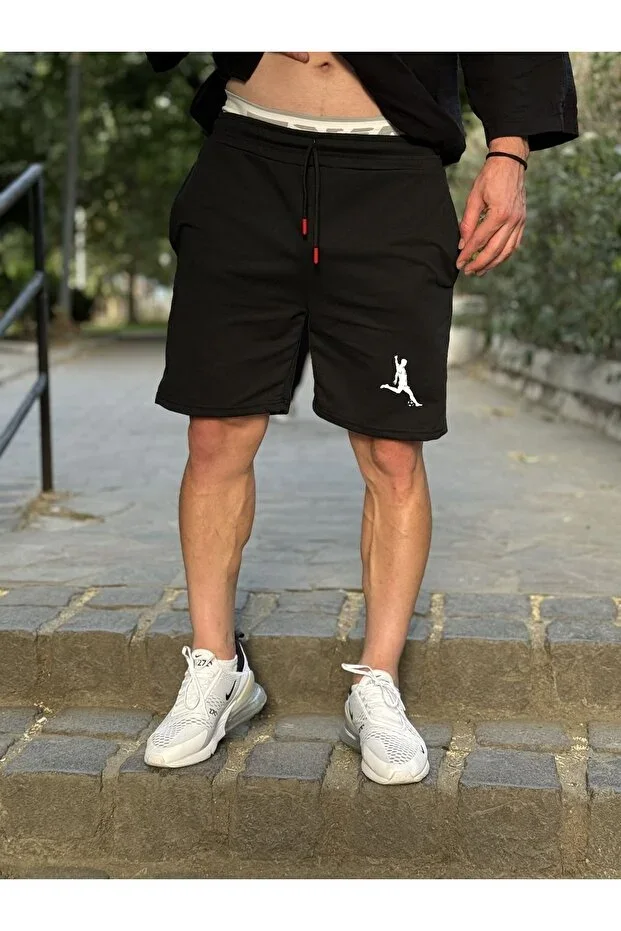 Men's Black Cotton Jersey Football Print Shorts Slim Fit
