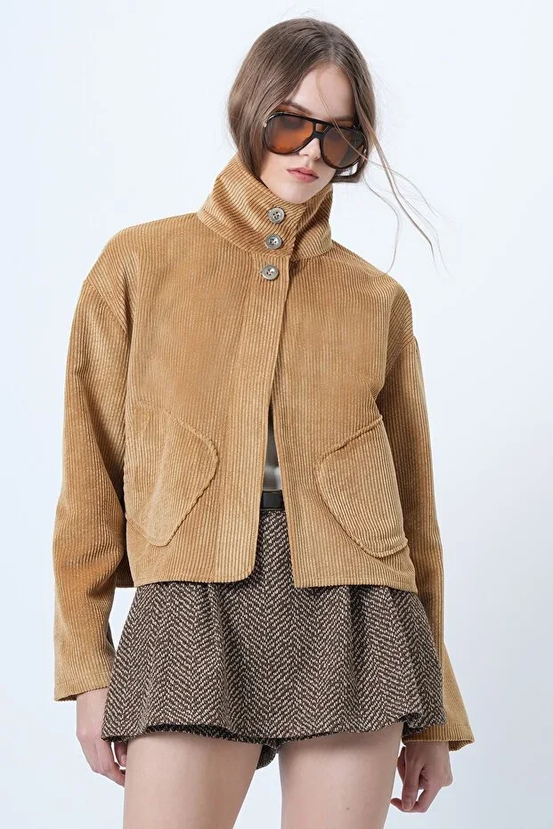 Women's Mustard Stand-Up Collar Bag Pocket Velvet Jacket ALC-X14618