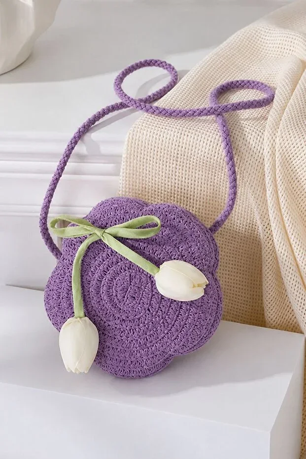 Minigimin Cicileri Tulip Detailed Straw Girl Mini Bag - Lilac