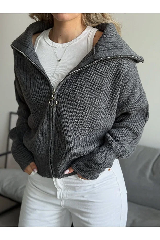 Women's Anthracite Grey Zip-Up Knit Cardigan